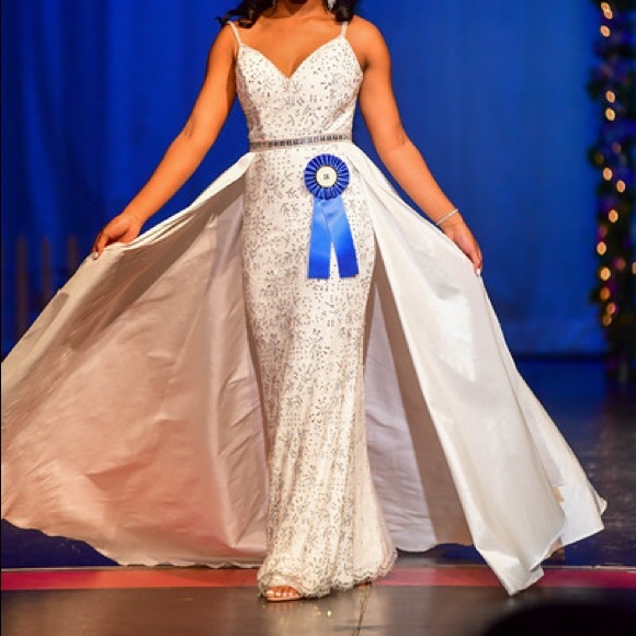 Johnathan Kayne White Lace Sequin Gown with Overskirt - Picture 4 of 5